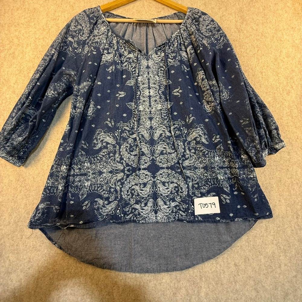 Life Style Womens Blue Paisley‎ Cotton Chambray Boho Blouse Top Large T0579